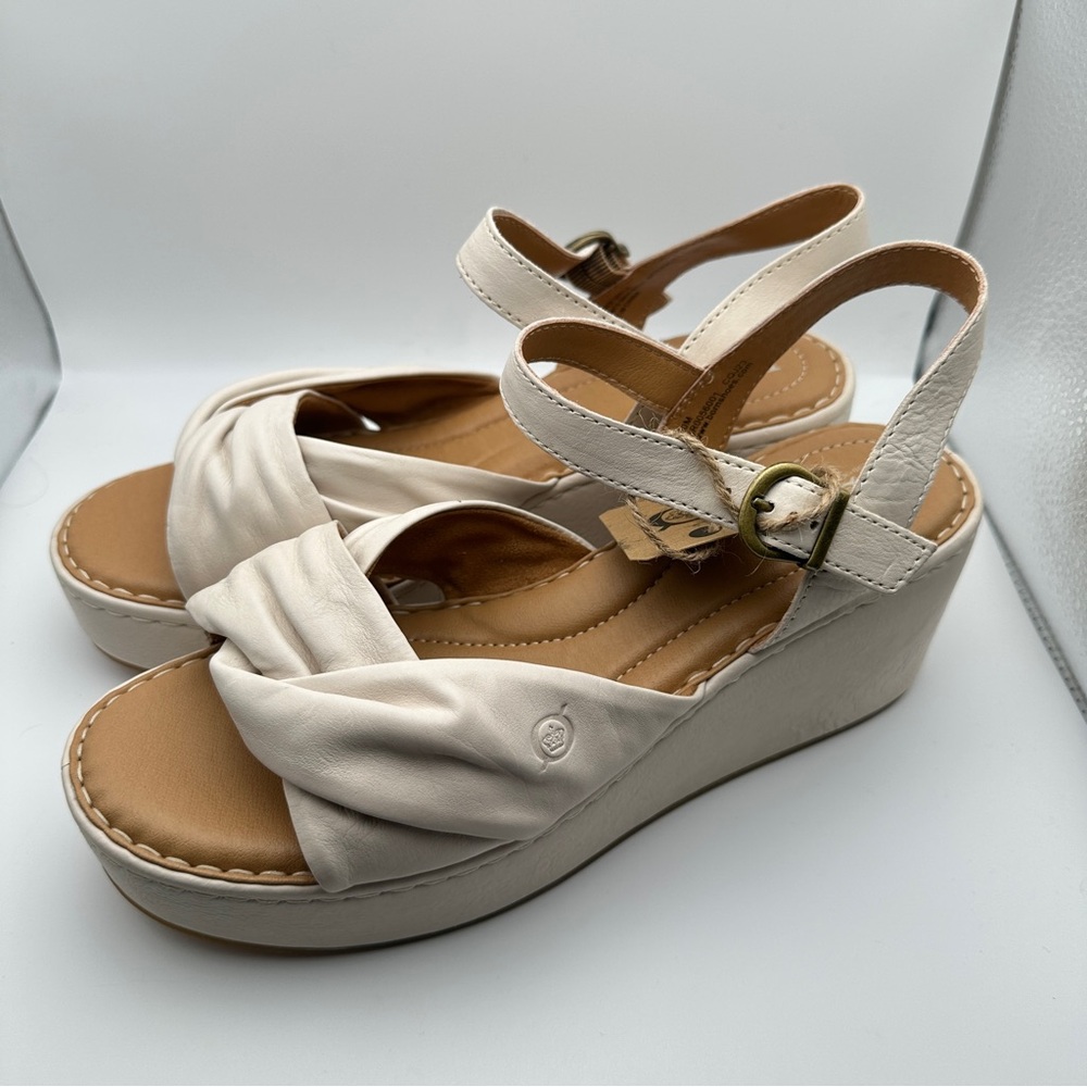Born Marchelle Women's Sandals 10 White Ivory Leather Ankle Strap Wedge Heel